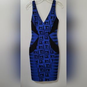 New Lotus Threads Blue Black Geo Print Bodycon Sleeveless Dress Size Small